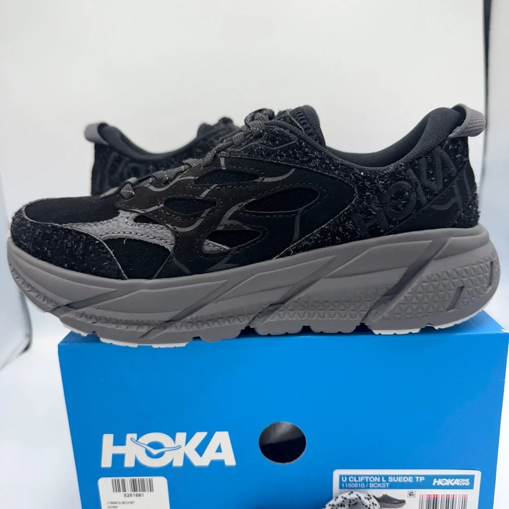 NWT Hoka Clifton Elite Terrain System L Suede Leather All Black Unisex Sneakers - Picture 15 of 16